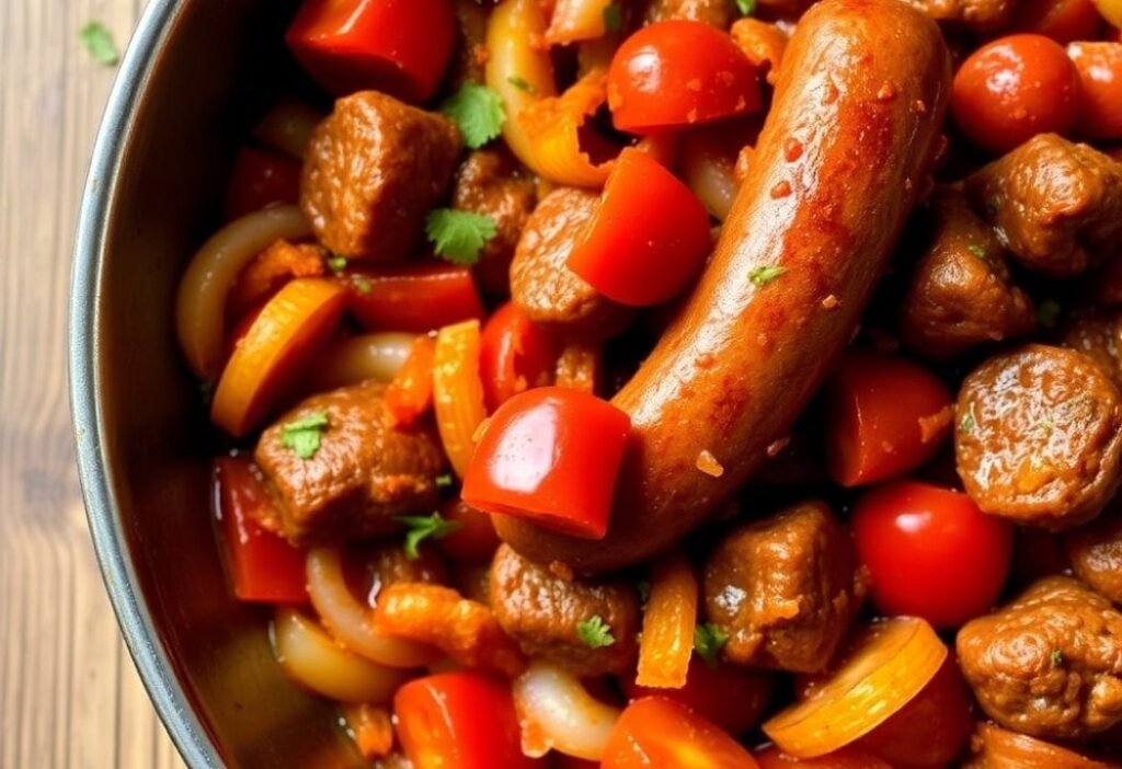 Beef Sausage Sauteed with Tomatoes and Onions