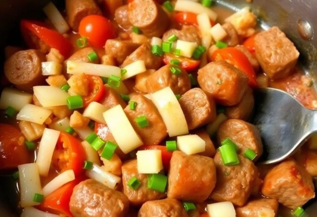 Beef Sausage Sauteed with Tomatoes and Onions